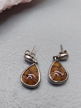 Alan K Silver Teardrop Earrings with Amber Floral Inlay